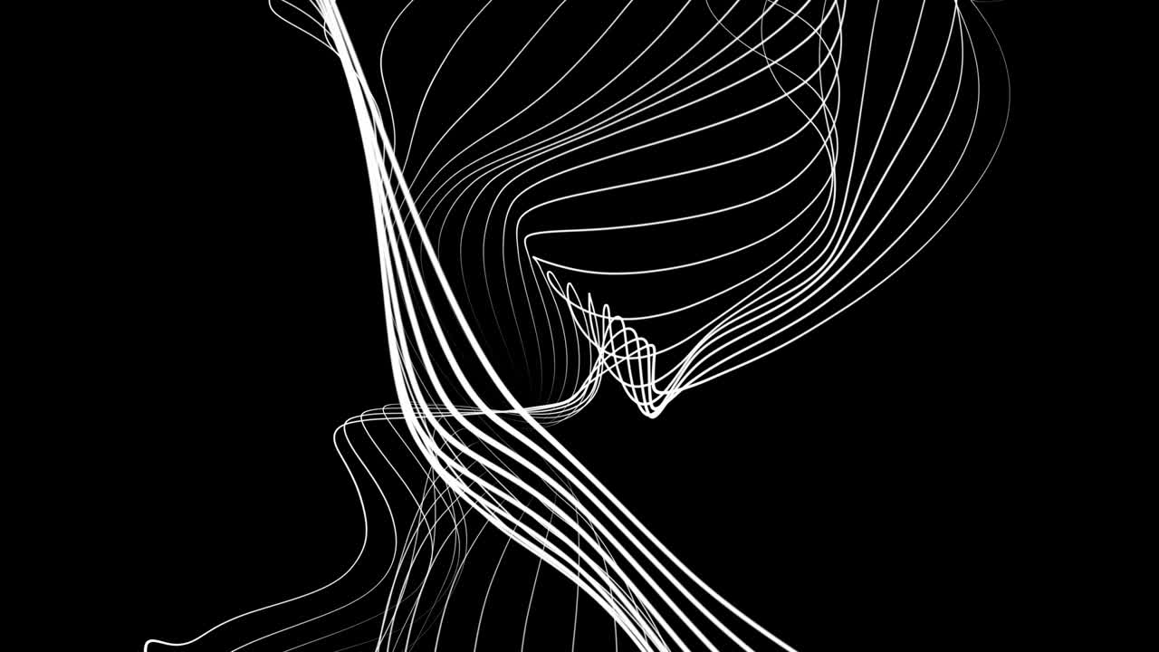 Abstract loopable motion white waving lines texture at black background. Cyber technology digital landscape background