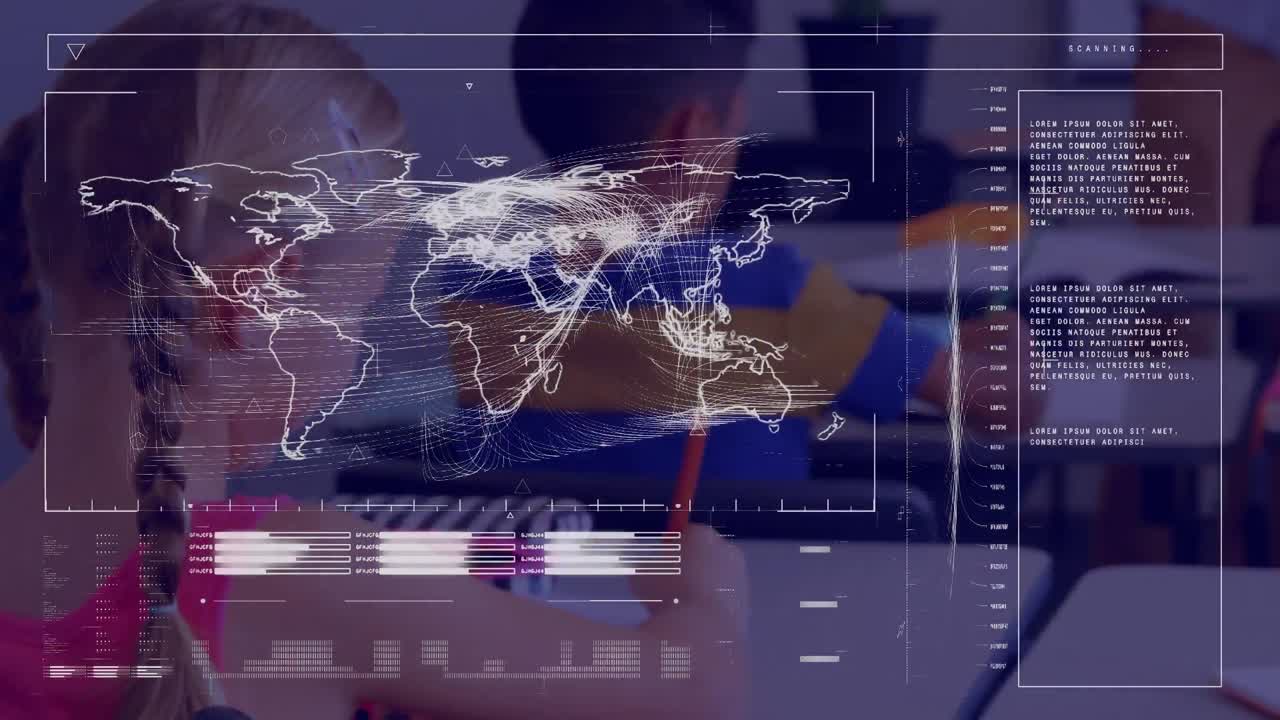 animación del procesamiento de datos sobre el maestro caucásico con diversos escolares en el aula