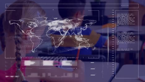animation of data processing over caucasian teacher with diverse schoolchildren in classroom