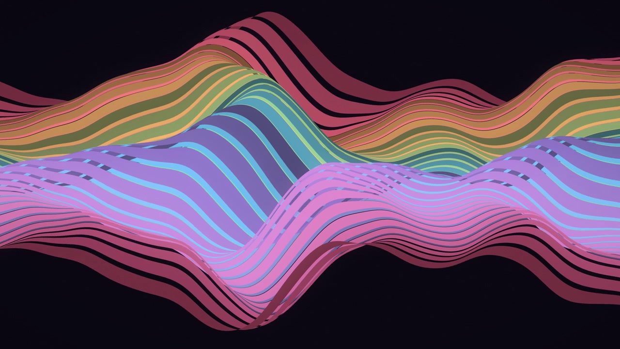 vibrant abstract display of rhythmic undulating ribbon waves, wide spectrum of colors against a dark background, loopable animation
