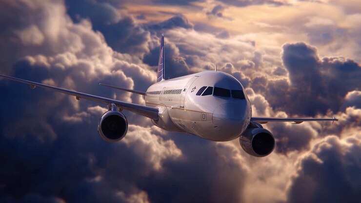 Majestic Flight: A Passenger Airplane Soaring Above Lush, Colorful Clouds, Capturing the Essence of Air Travel and the Beauty of the Sky at Sunset