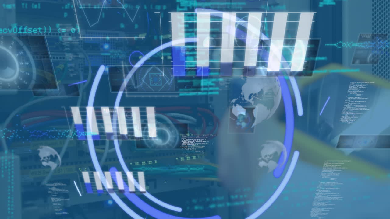 animación de formas abstractas y procesamiento de datos en la sección media del ingeniero que trabaja en la sala de servidores.