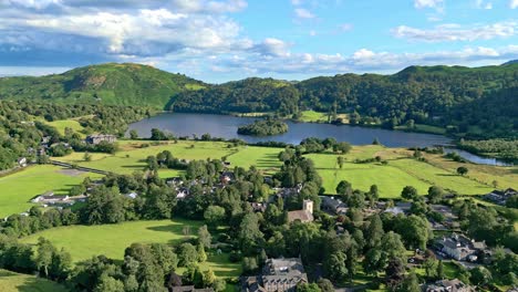 cinematic aerial drone view of the lakeland town of grasmere