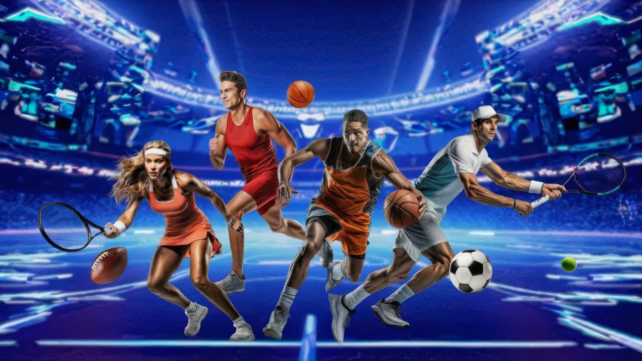 Dynamic video concept of athletes in action, captured from a low-angle, showcasing basketball