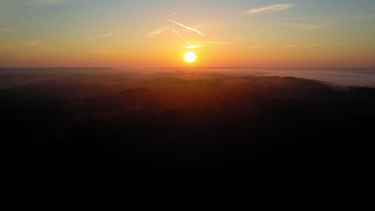 antena - hermosa puesta de sol sobre el parque nacional veluwe, países bajos, tiro ascendente