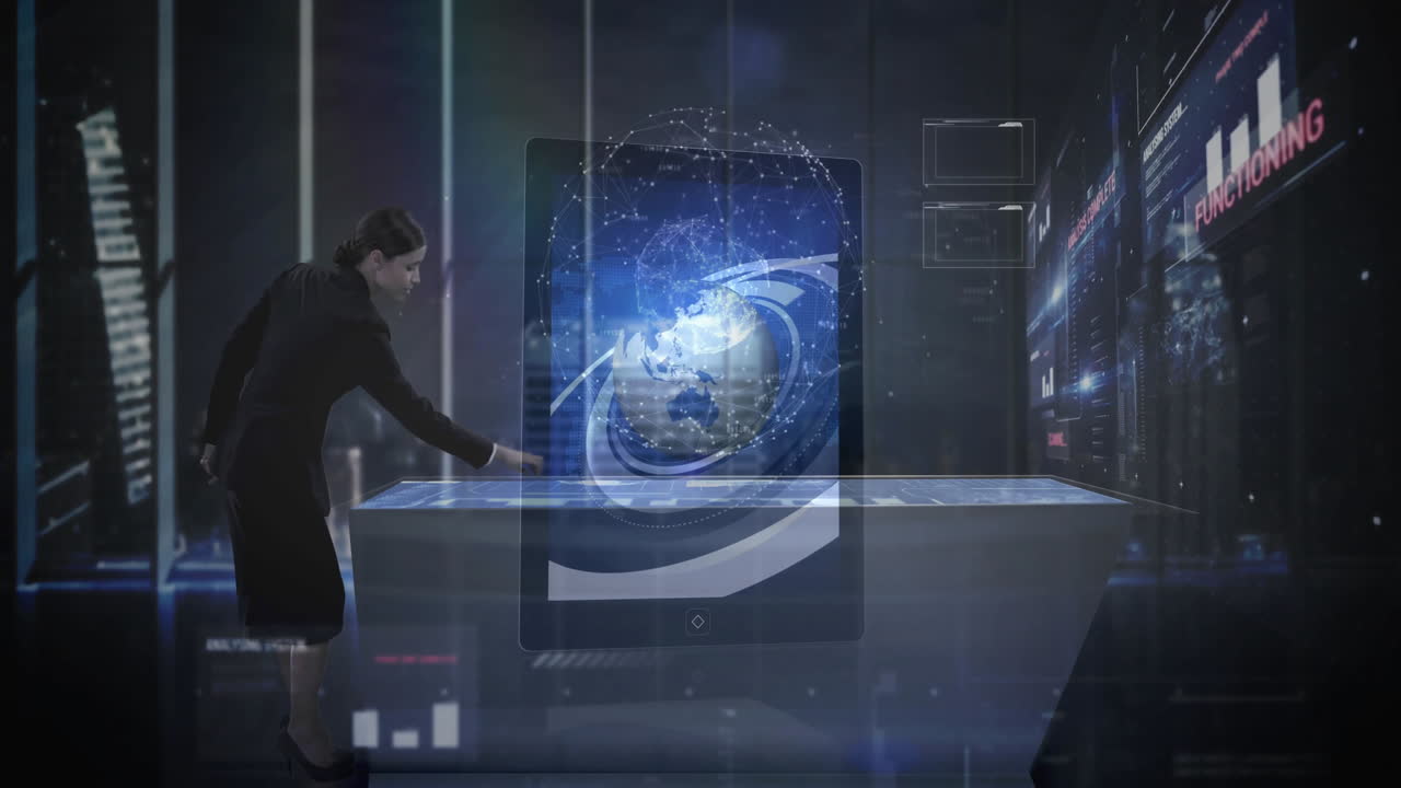 In office, business people interacting with digital animation of globe hologram