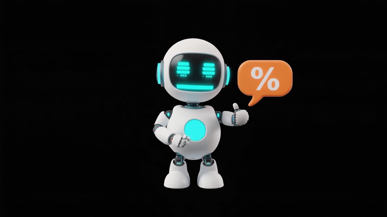 Robot AI amichevole che fa il pollice in su con il simbolo della percentuale