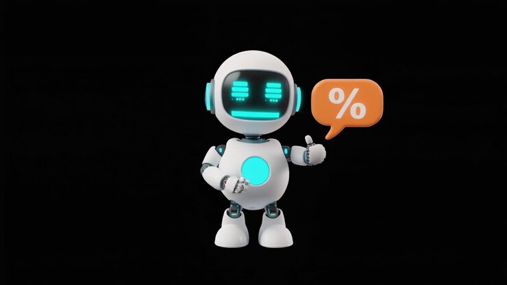 Robot AI amichevole che fa il pollice in su con il simbolo della percentuale
