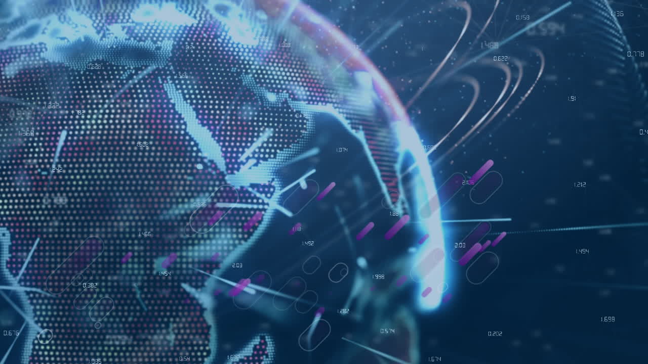 Animation of pink shapes floating over rotating globe