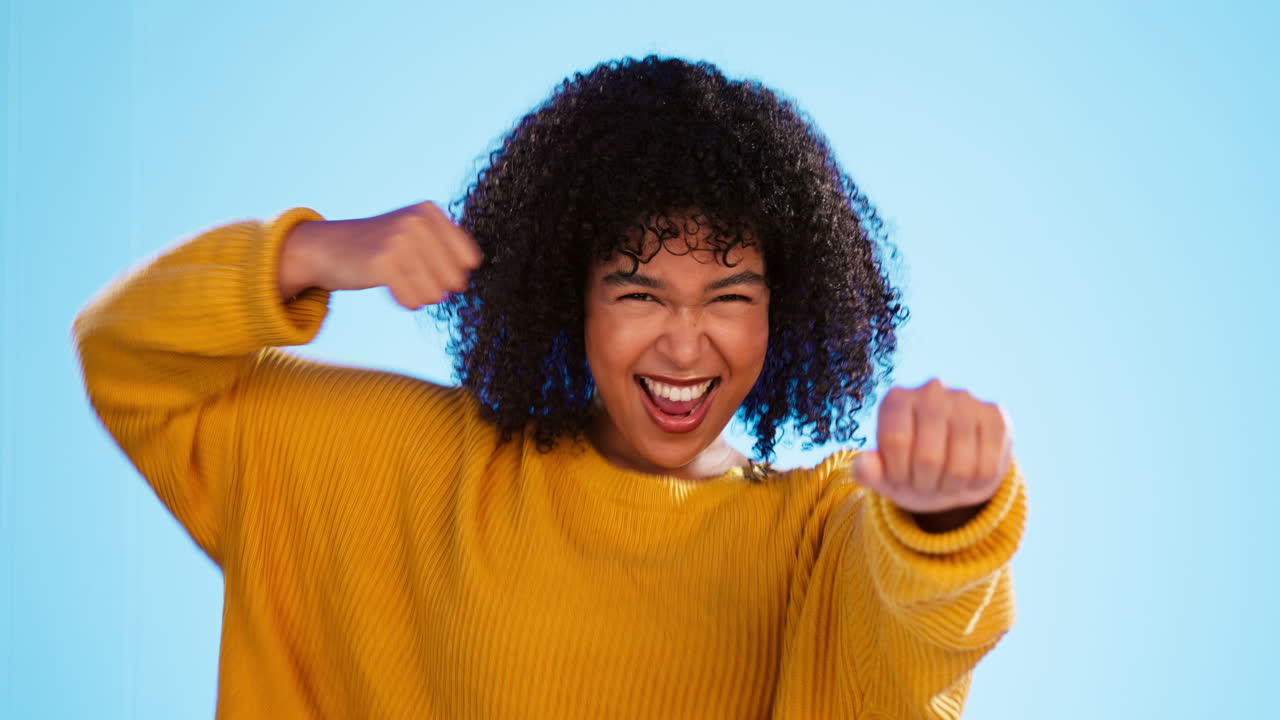 Black woman, face and dance with fun