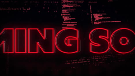 creating futuristic atmosphere, red neon text with digital code background animation