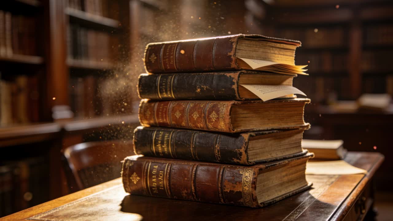 Луч света слева поднимает пыль, шесть старинных кожаных книг с трепещущими страницами в библиотеке