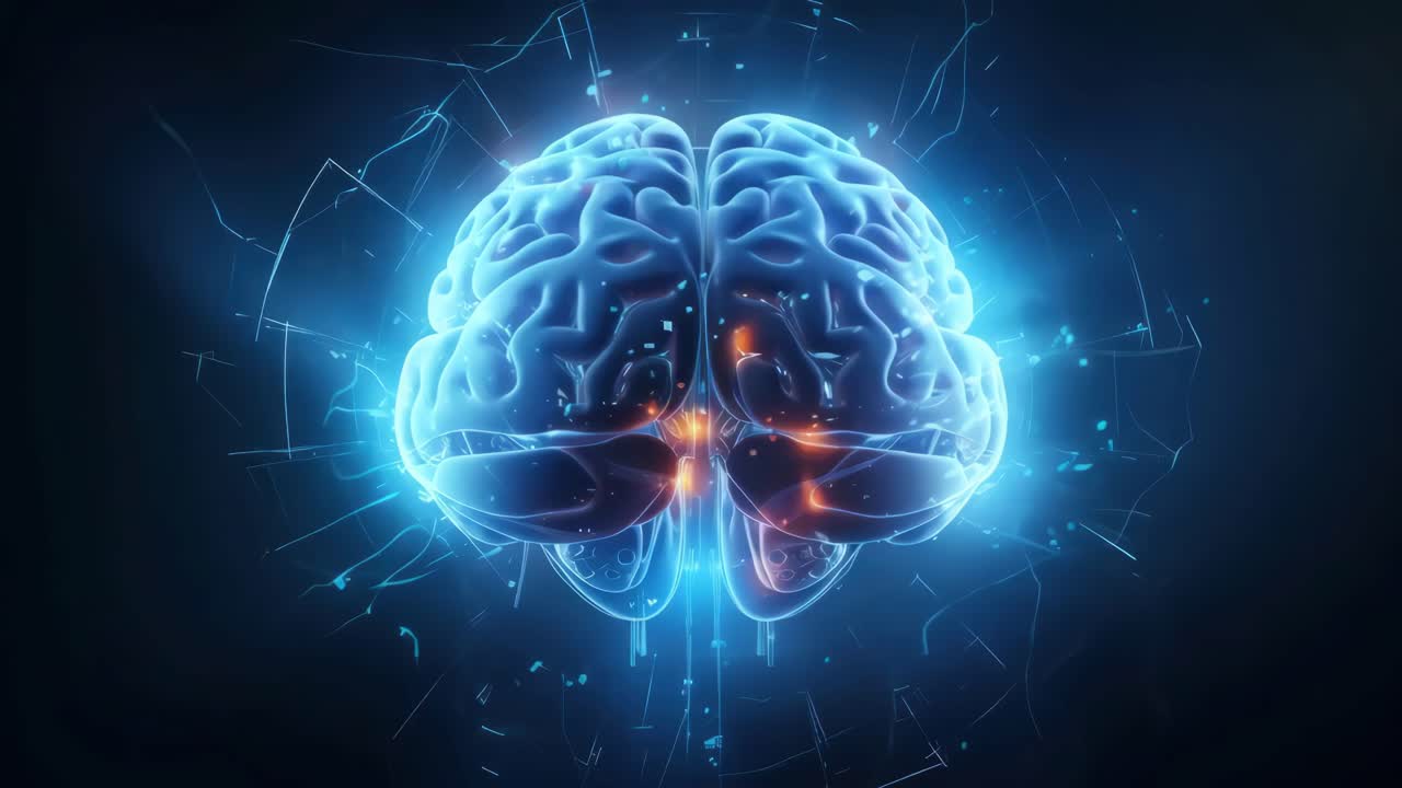 Futuristic video concept of a glowing brain, captured from a side angle