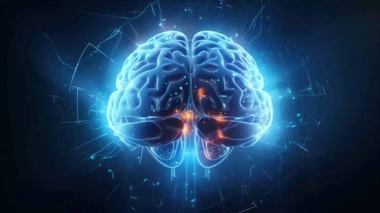 Concetto video futuristico di un cervello luminoso, ripreso da un angolo laterale