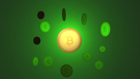 empuje lento en animación 3d de múltiples bitcoins, girando lentamente y brillando.