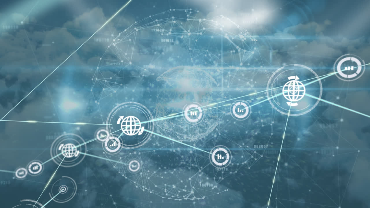 animación de la red de conexiones con iconos sobre el globo, el cielo y las nubes