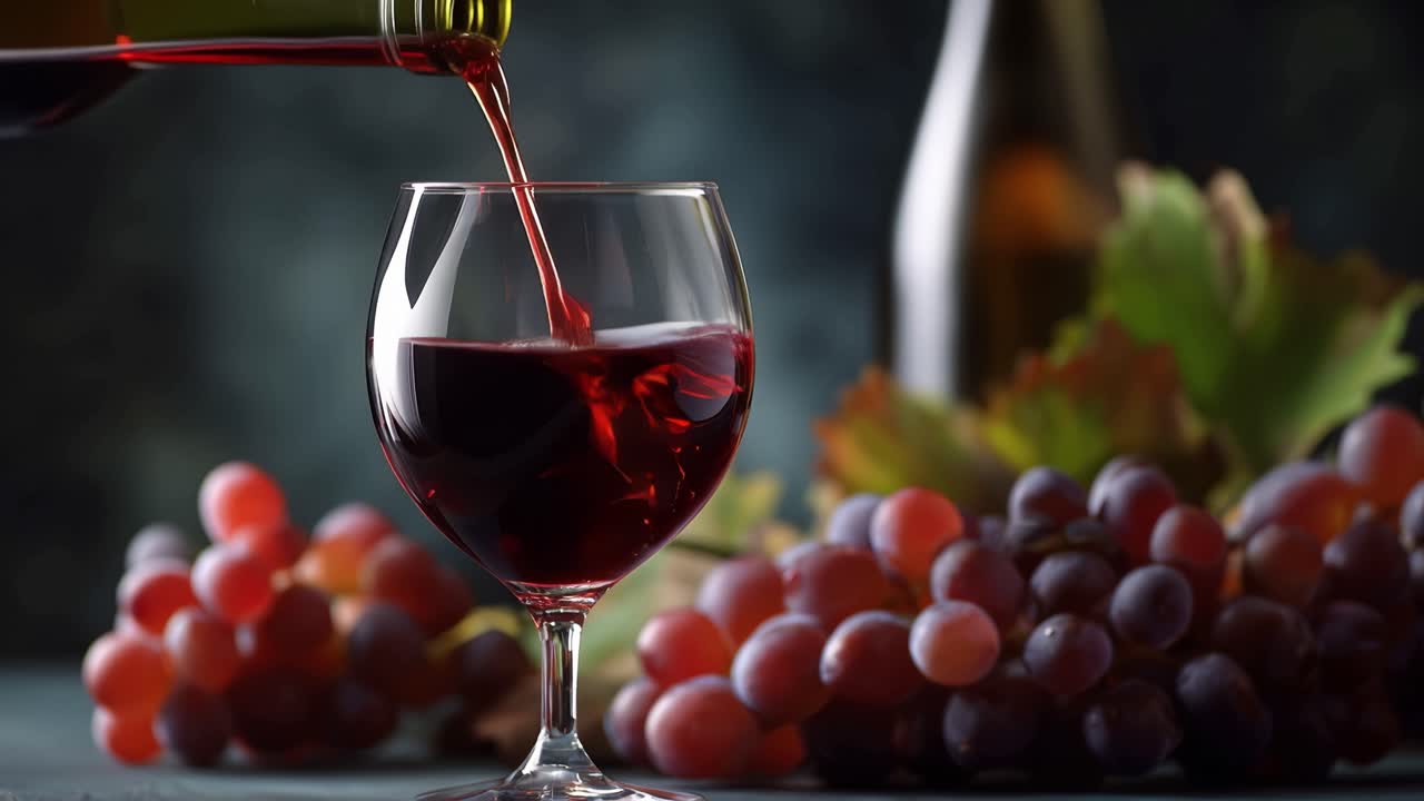 Red wine pours into a glass with grace. Grapes cluster beside, rich and vibrant. Dark background enhances the scene's elegance. Stillness suggests quiet sophistication