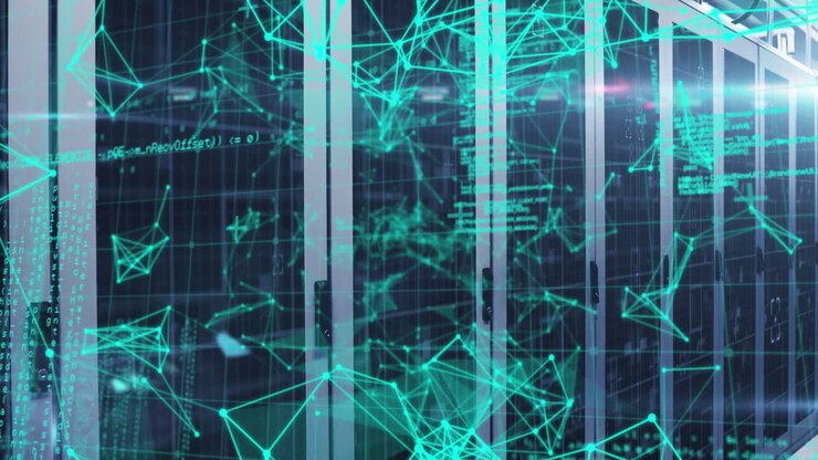 Animation of data processing and shapes over server room