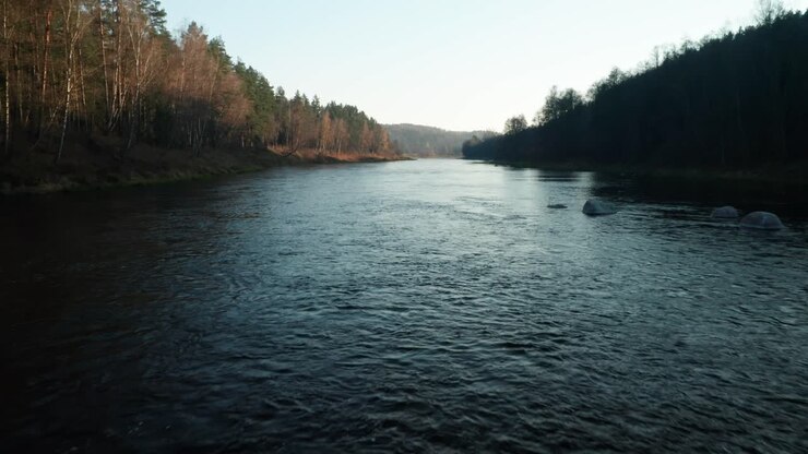 AERIAL: Dark Theme Flowing River while Sun is Setting Dusk on Wild Forest