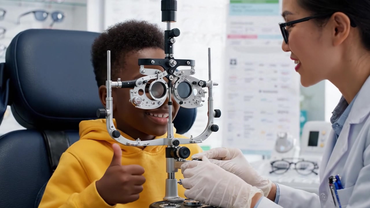 A Young Boy Enjoys His Eye Examination as a Professional Optometrist Delivers Care with a Smile, Fostering a Positive Experience in Vision Testing
