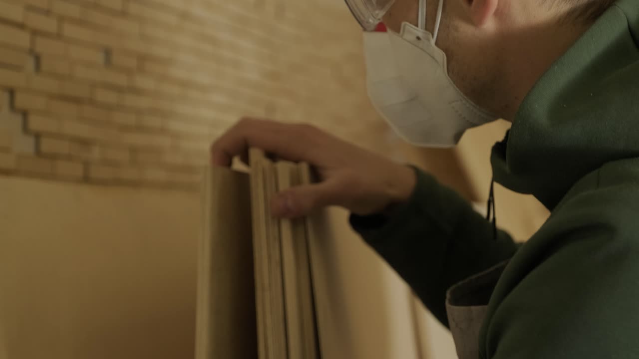 trabajador de la madera profesional en máscara y gafas comprueba la madera en bruto, paneles de contrachapado