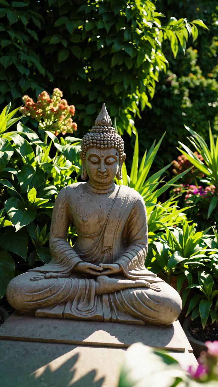 A serene Buddha statue surrounded by lush greenery, captured at eye level