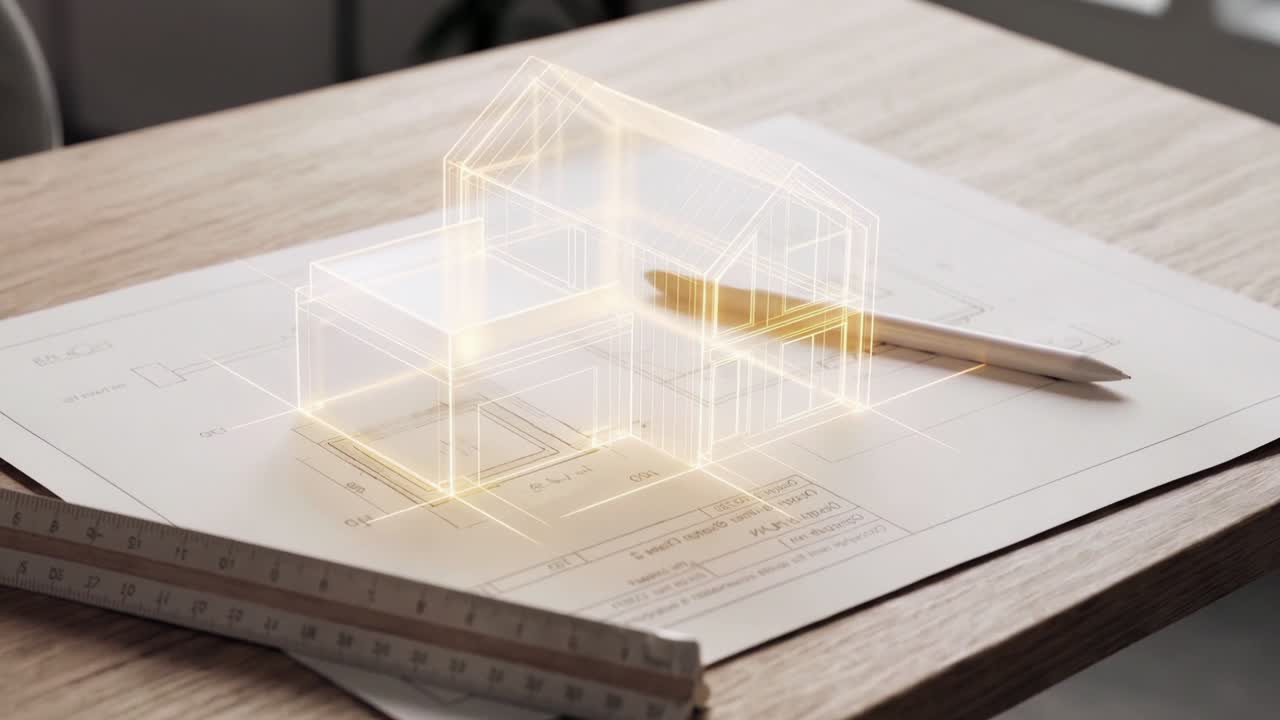 Modello wireframe 3D luminoso di una casa proiettato su un progetto architettonico