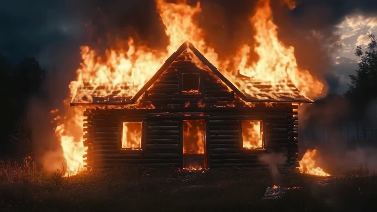 Scena video drammatica di una casa di legno avvolta dalle fiamme, ripresa da una bassa angolazione.