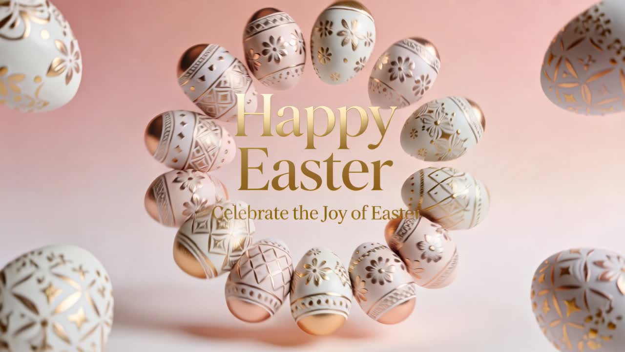 Starting animation, egg wreath forming around gold Happy Easter greeting in studio, celebrating joy