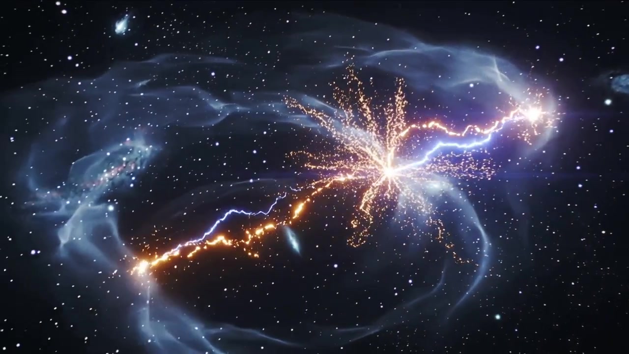 Carica di plasma in formazione, due nodi caldi che emettono un arco blu con un bagliore esplosivo e sprigionano scintille nello spazio.