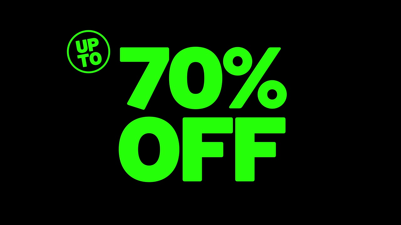 Grafis Penjualan (Sale) hijau tebal 'Diskon hingga 70%' dianimasikan ke layar. Resolusi 4K. Layar hijau yang dapat di-key, serbaguna.
