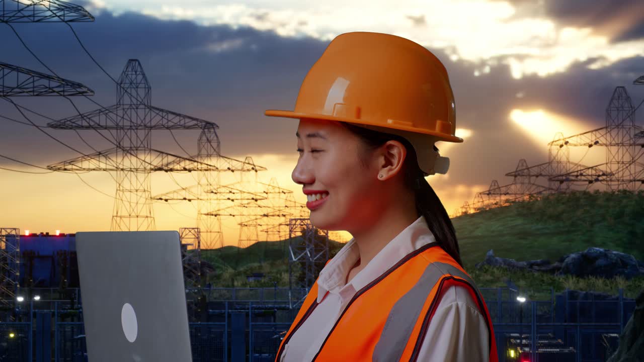 Close Up Side View Of Asian Female Engineer With Safety Helmet Working On A Laptop And Looking Around While Standing Near High Voltage Tower