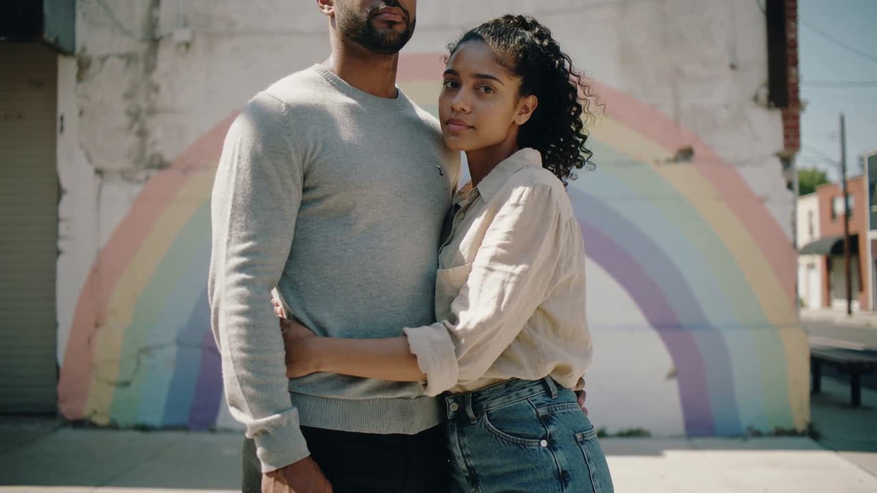 Hugging woman seeking closeness with partner on street by rainbow mural, sweater, shirt and jeans