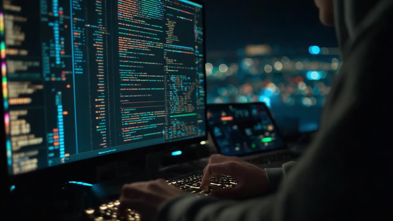 Technological Investigation: A Close-Up Look at an Individual Analyzing Complex Code and Data on Multiple Monitors in a Nighttime Urban Setting