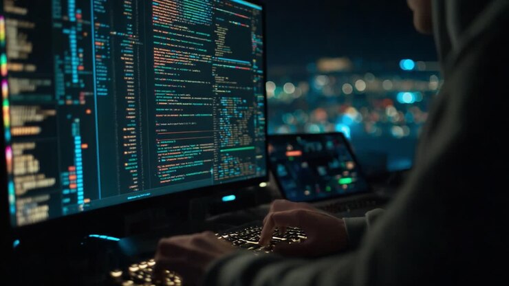 Technological Investigation: A Close-Up Look at an Individual Analyzing Complex Code and Data on Multiple Monitors in a Nighttime Urban Setting