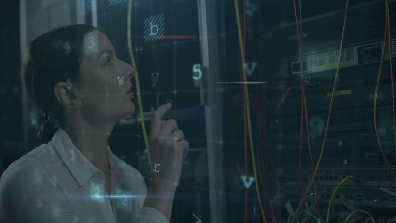 tocando números virtuales, mujer interactuando con animación de interfaz digital en la sala del servidor