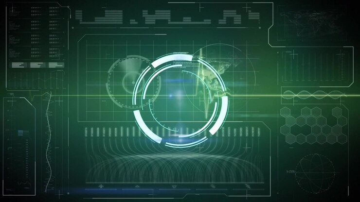 Animation of neon round scanner and heart rate monitor against data processing on green background