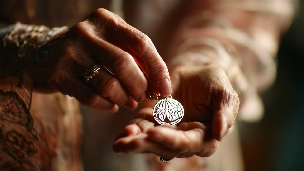 A Delicate Moment: An Elderly Woman Holding an Exquisite Pendant in Her Hands, Showcasing the Beauty of Jewelry Through Generations and the Connection to Memories