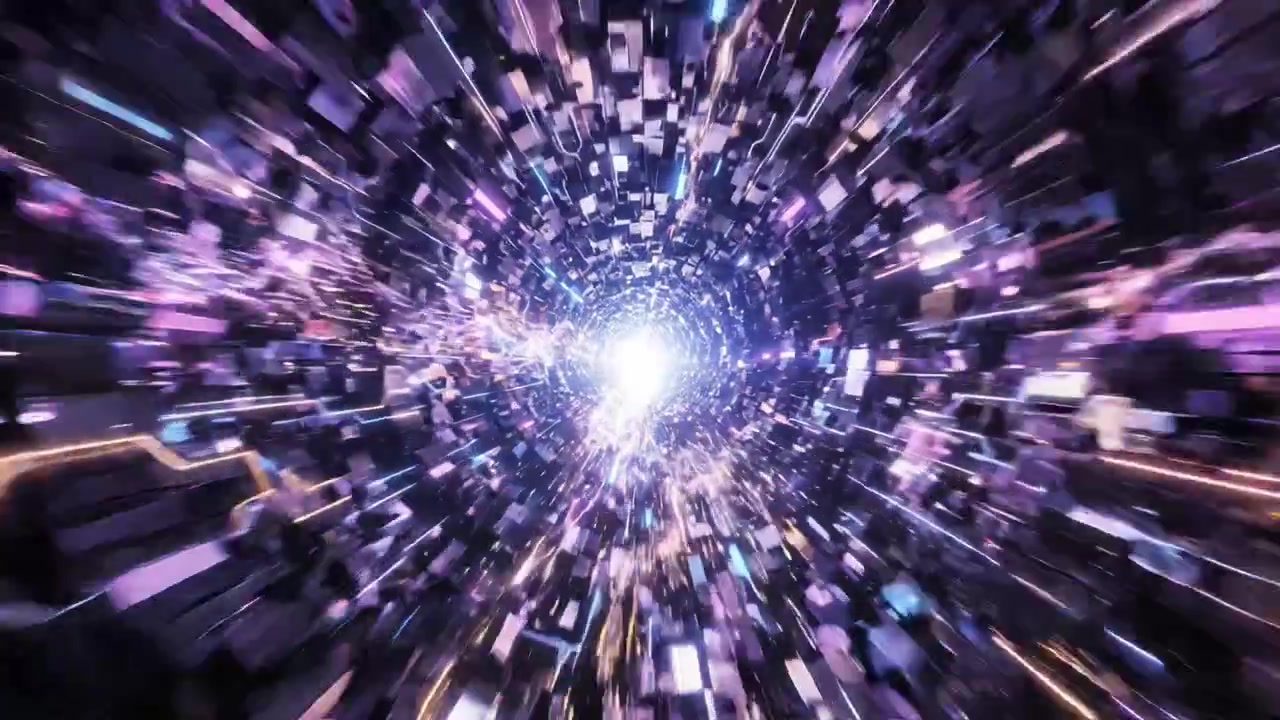 Un viaggio visivo mozzafiato attraverso un tunnel ipnotico di luce colorata ed energia scintillante, che cattura la bellezza eterea di un'esperienza cosmica vibrante.