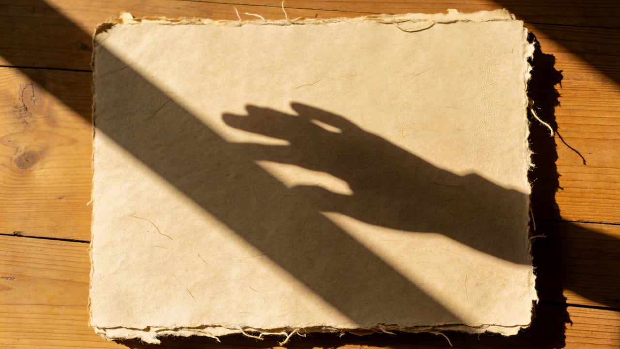 Entering right hand shadow moving across deckled paper on wood plank testing fibers under sunbeam