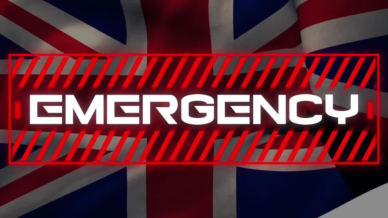 animación de la bandera británica sobre un discurso de burbuja con información en rayas rojas