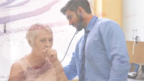 animación de una mujer que tose siendo examinada por un médico masculino contra un paisaje de invierno
