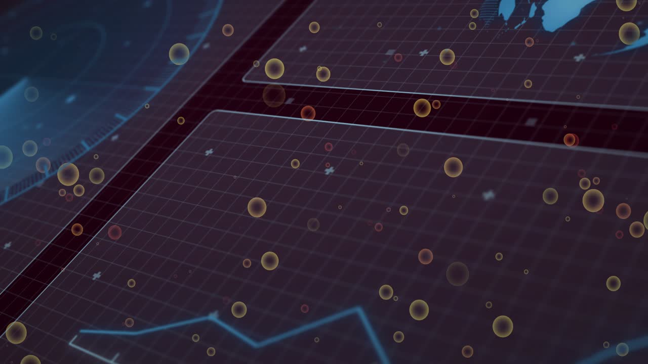 Central grid panels displaying drifting ringed orbs after camera pan, showing data flow