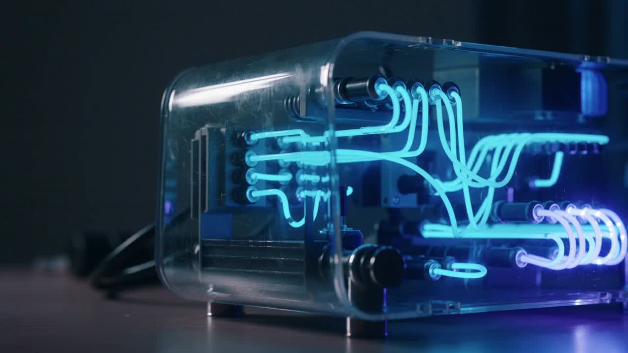 Powering clear acrylic box pulsing cyan light on dim table via power cable, coiled neon tubing