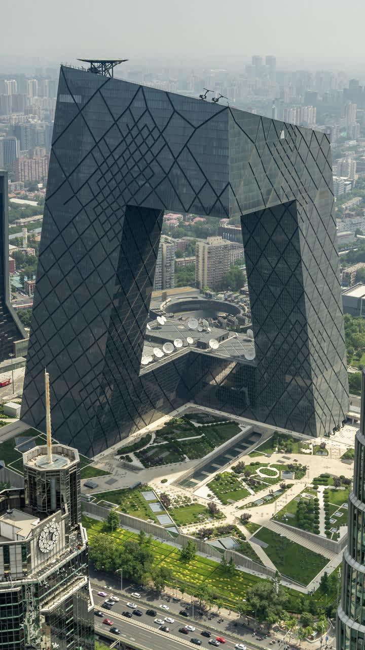 Timelapse of the Beijing city skyline from a high vantage point in vertical