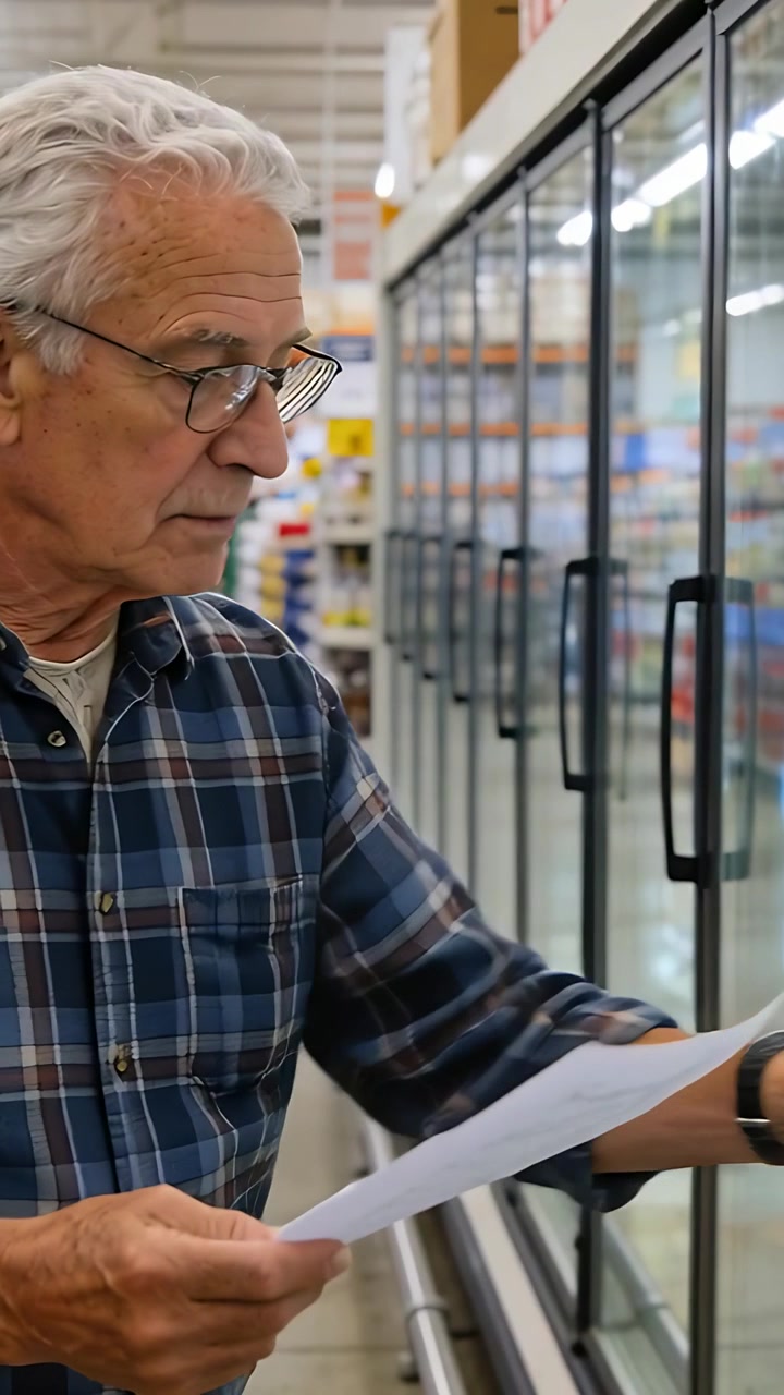 Vertical video: Using folded list senior scanning fridge cases in big store plaid shirt, copy space