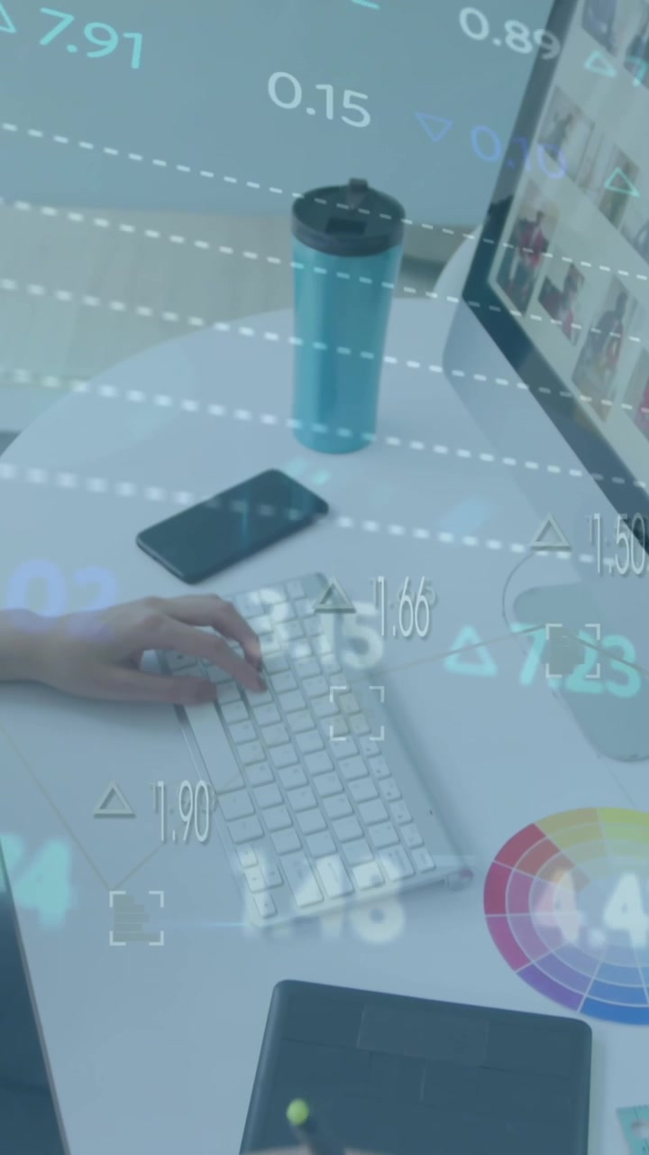 Animation of trading boards over asian woman looking at pictures and using graphics tablet