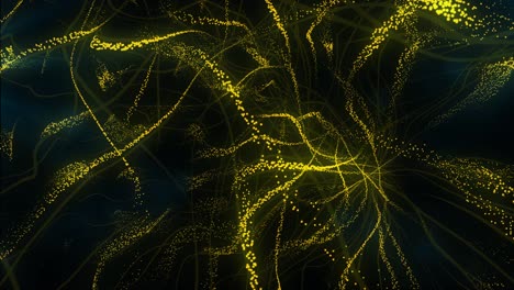 abstract yellow waves with particles moving seamless randomly with bokeh blur on dark background