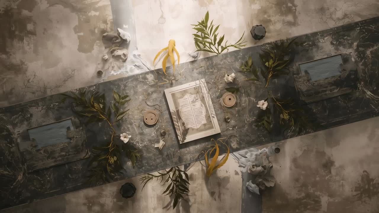 Rotating camera zooming toward framed open book on marble table revealing wood discs, bead, foliage