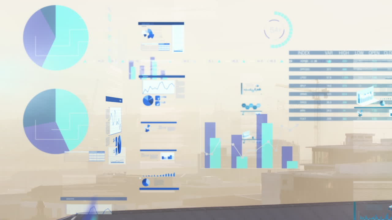 Animation of multiple graphs and trading board over fog covered cityscape against sky